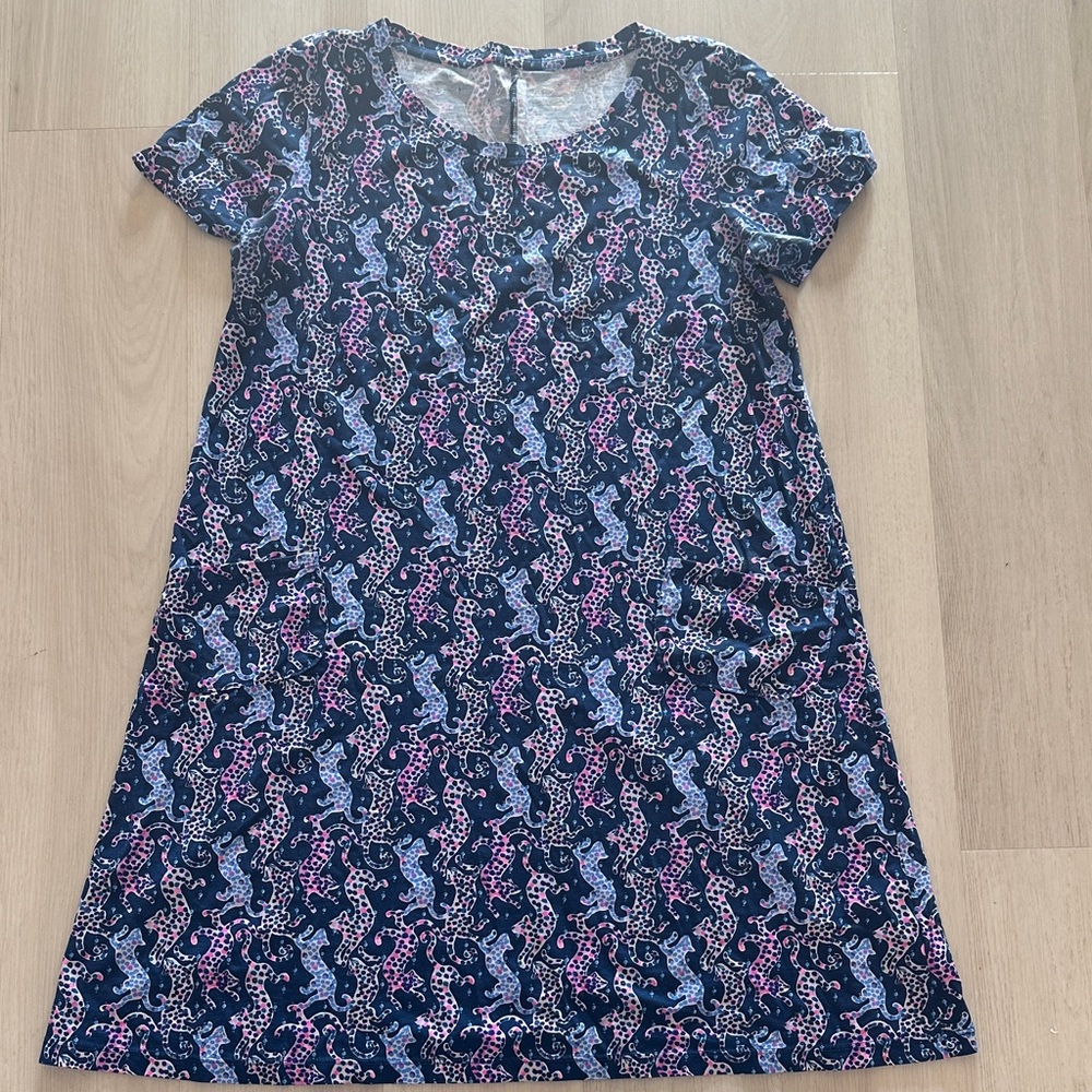 Lilly Pulitzer Navy Shift Dress with Blue and Pink Seahorse Print